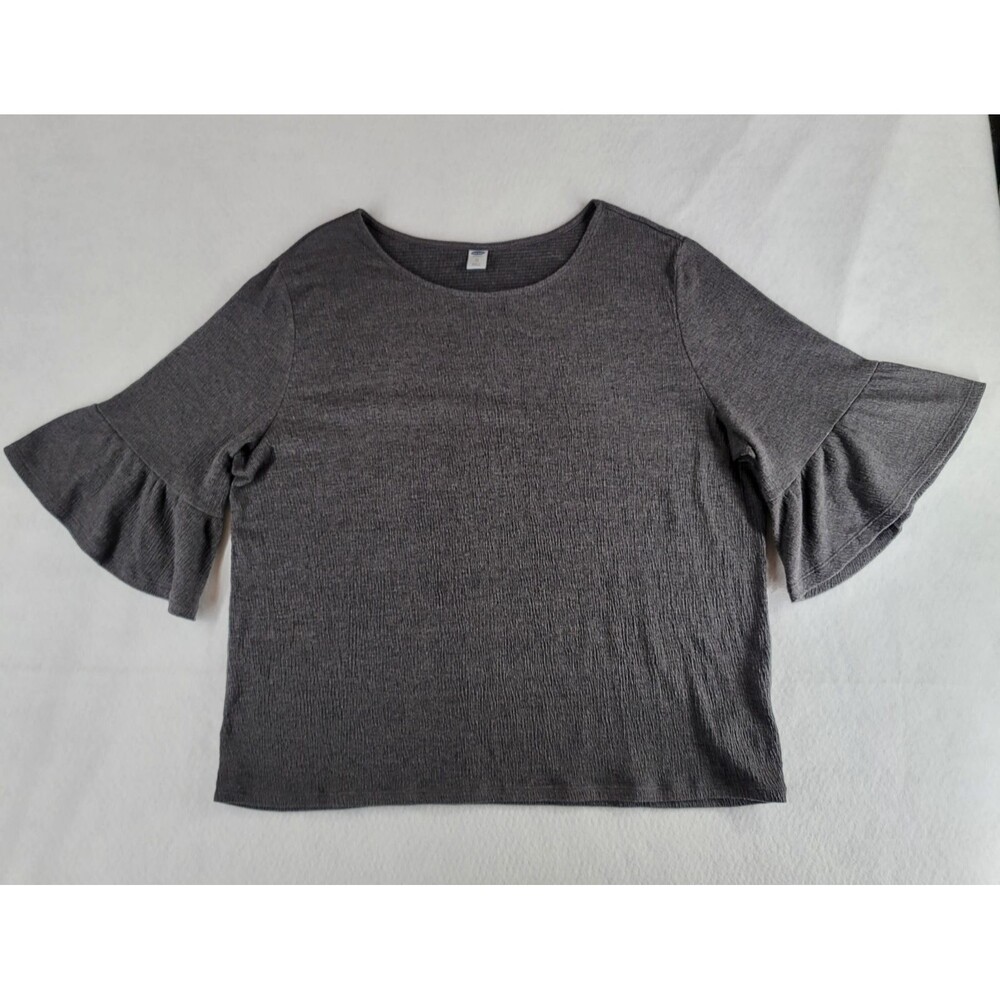 Old Navy‎ Grey Popcorn Waffle Knit Top XL Bell Sleeve Tiered Flare Soft Textured